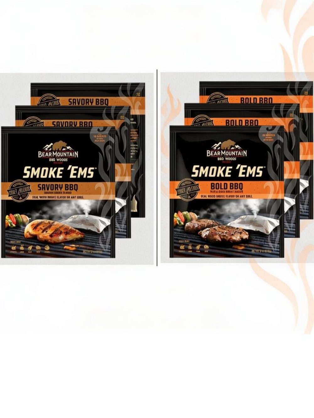 6 Pack Bear Mountain Smoke 'Ems Smoking Chips Pellets - 3 Bold BBQ 3 Savory BBQ